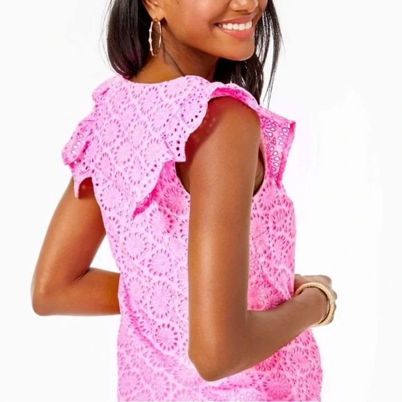 Lilly Pulitzer Hot Pink Eyelet V-Neck Ruffle Sleeve Lina Top - Picture 2 of 5